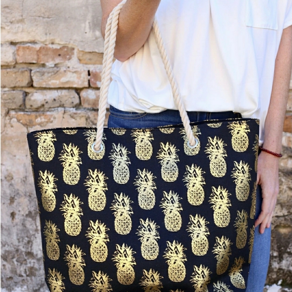 Foil Pineapple Tote Bag With Rope Handles Black